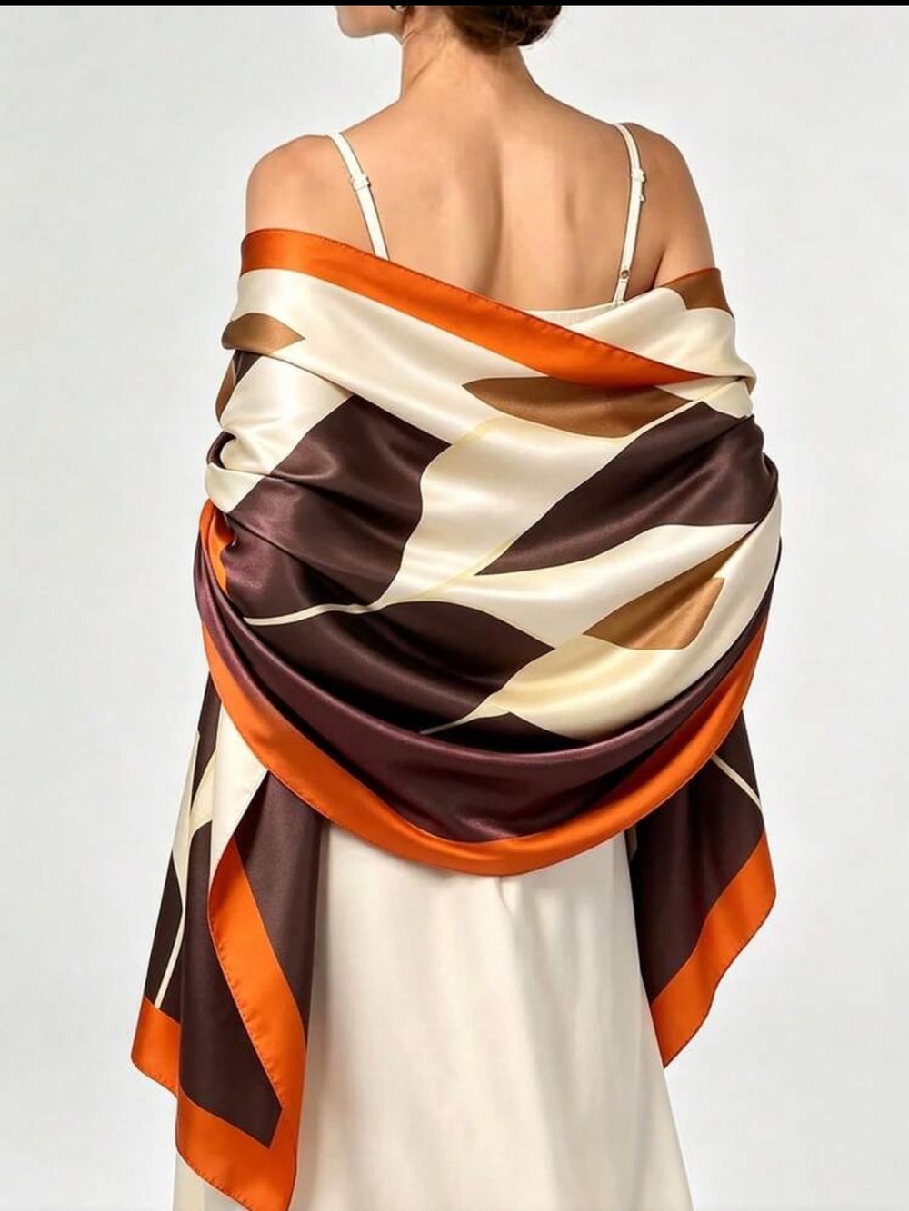 Silk-Feel Geometric Print Shawl - Orange, Brown & Cream nwt